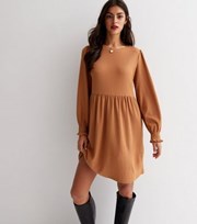 New Look Light Brown Crinkle Long Sleeve Mini Smock Dress